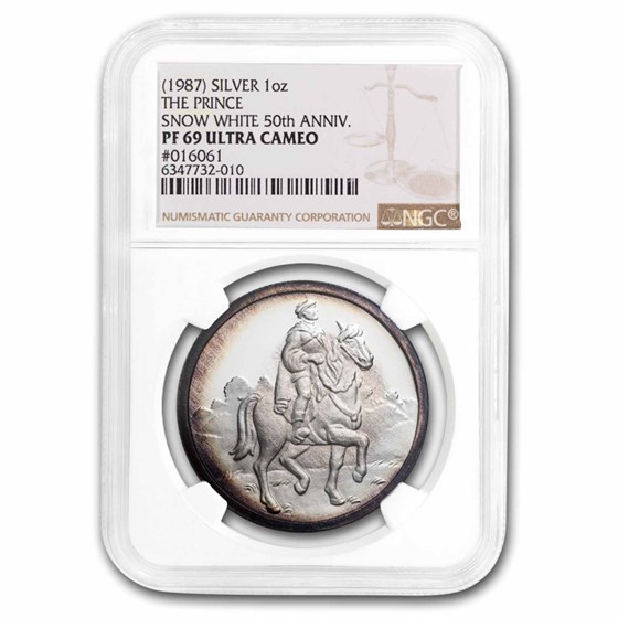 1987 1 oz Silver Disney's Snow White 50th Anniv Prince PF-69 NGC 1987 1 oz Silver Disney's Snow White 50th Anniv Prince PF-69 NGC
