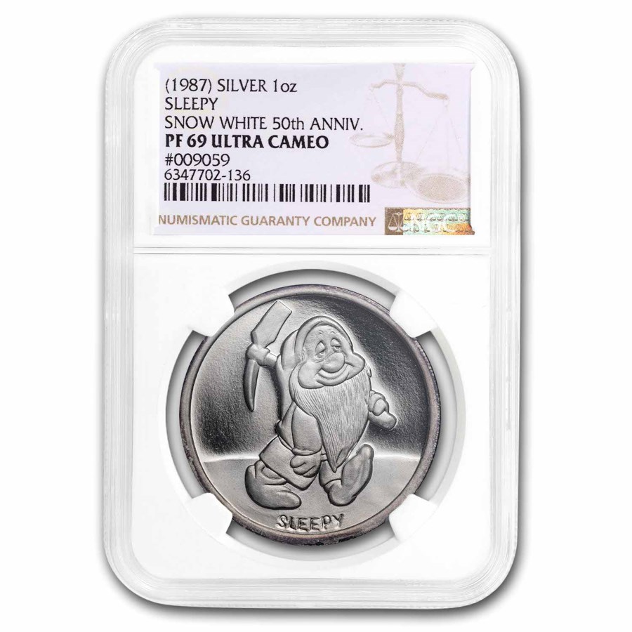 1987 1 oz Silver Disney's Snow White 50th Anniv Sleepy PF-69 NGC