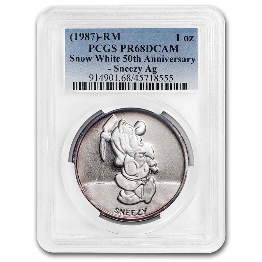 1987 1 oz Silver Disney's Snow White 50th Anniv Sneezy PR-68 PCGS