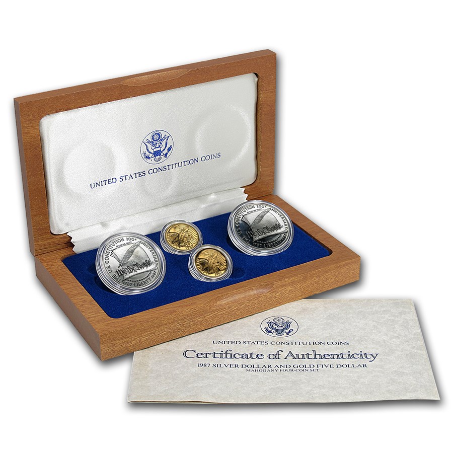 1987 4-Coin Commem Constitution Set BU & Proof (w/Box & COA)