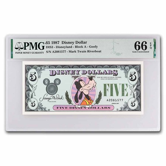 1987 $5.00 (A) Closed-Eyed Goofy (DIS#3) CU-66 EPQ PMG 1987 $5.00 (A) Closed-Eyed Goofy (DIS#3) CU-66 EPQ PMG