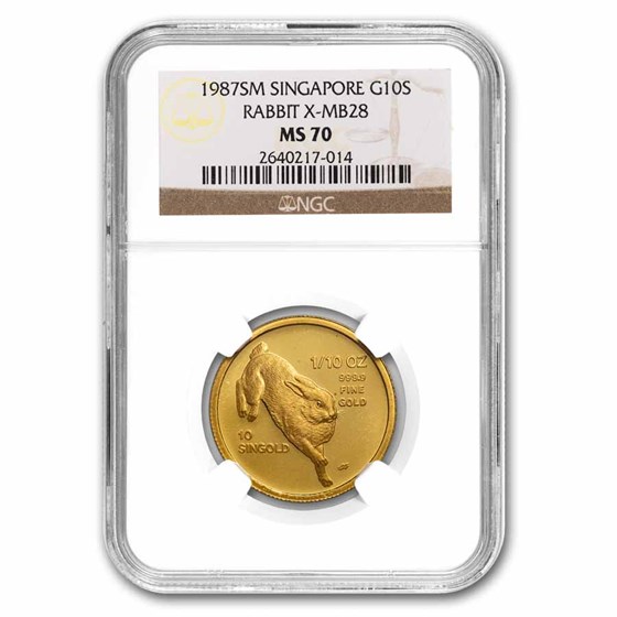 1987 Singapore 1/10 oz Gold 10 Singold Rabbit MS-70 NGC 1987 Singapore 1/10 oz Gold 10 Singold Rabbit MS-70 NGC