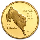 1987 Singapore 1/2 oz Proof Gold 50 Singold Rabbit