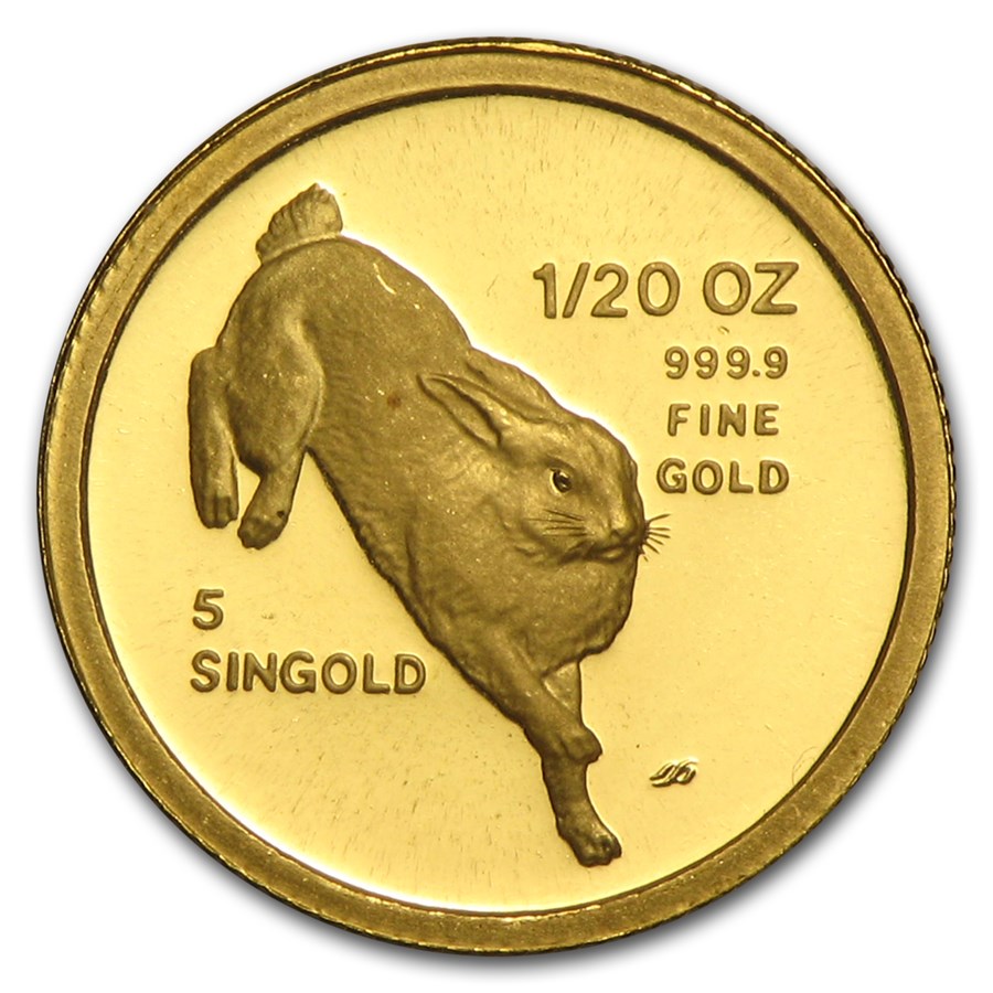 1987 Singapore 1/20 oz Proof Gold 5 Singold Rabbit