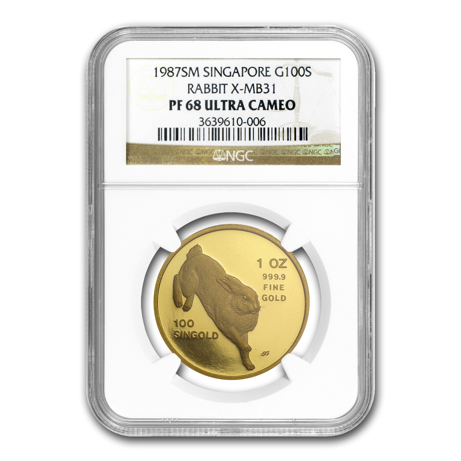 Buy 1987 Singapore 1 oz Proof Gold 100 Singold Rabbit PF-68 NGC
