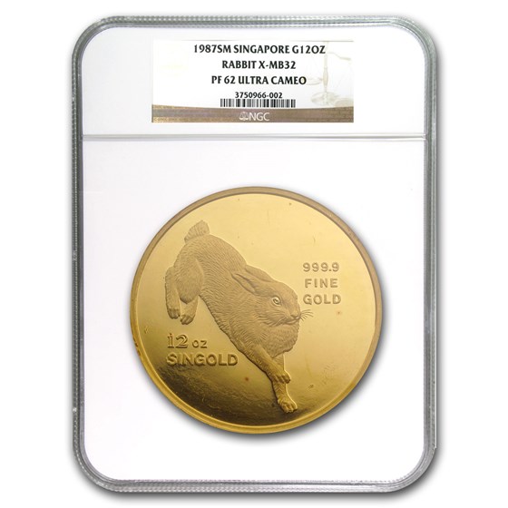 1987 Singapore 12 oz Proof Gold Singold Rabbit PF-62 NGC 1987 Singapore 12 oz Proof Gold Singold Rabbit PF-62 NGC