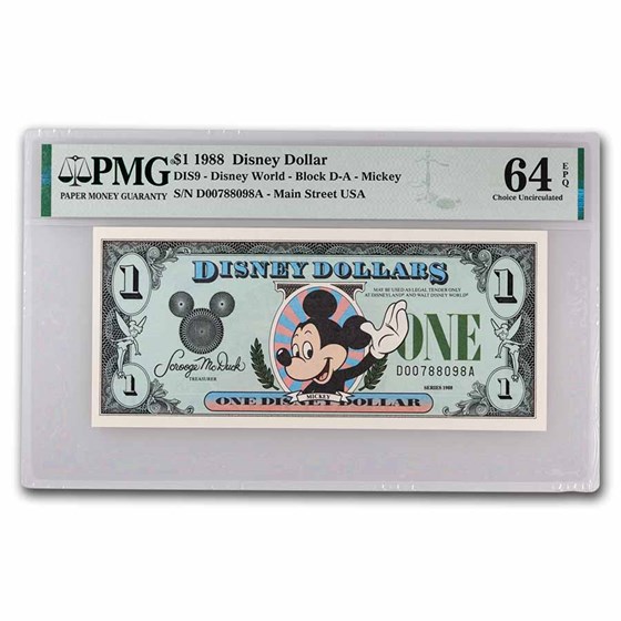 1988 $1.00 (DA) Waving Mickey (DIS#9) CU-64 EPQ PMG 1988 $1.00 (DA) Waving Mickey (DIS#9) CU-64 EPQ PMG