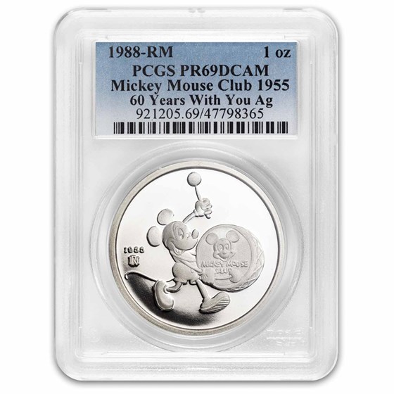 1988 1 oz Silver Disney's Mickey Mouse Club PR-69 PCGS 1988 1 oz Silver Disney's Mickey Mouse Club PR-69 PCGS