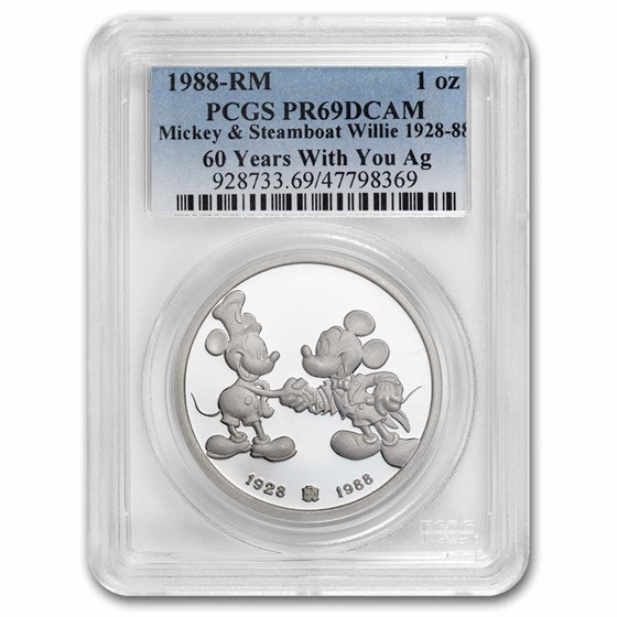 1988 1 oz Silver Disney's Mickey & Steamboat WIllie PR-69 PCGS 1988 1 oz Silver Disney's Mickey & Steamboat WIllie PR-69 PCGS