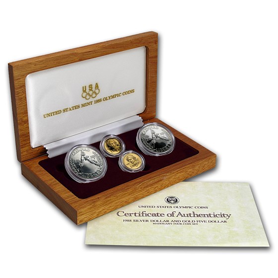 1988 4-Coin Commem Olympic Set BU & Proof (w/Box & COA)