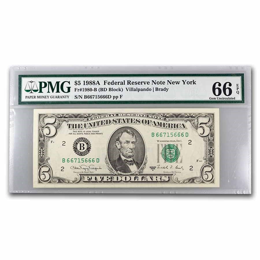 1988-A (B-New York) $5.00 FRN Gem CU-66 EPQ PMG (Fr#1980-B)