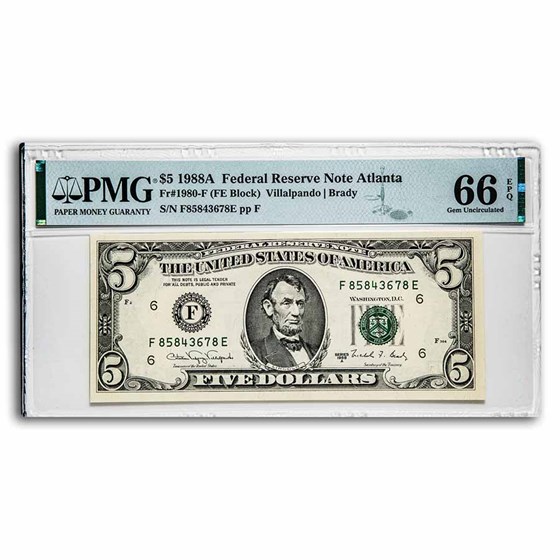 1988-A (F-Atlanta) $5.00 FRN Gem CU-66 EPQ PMG (Fr#1980-F) 1988-A (F-Atlanta) $5.00 FRN Gem CU-66 EPQ PMG (Fr#1980-F)