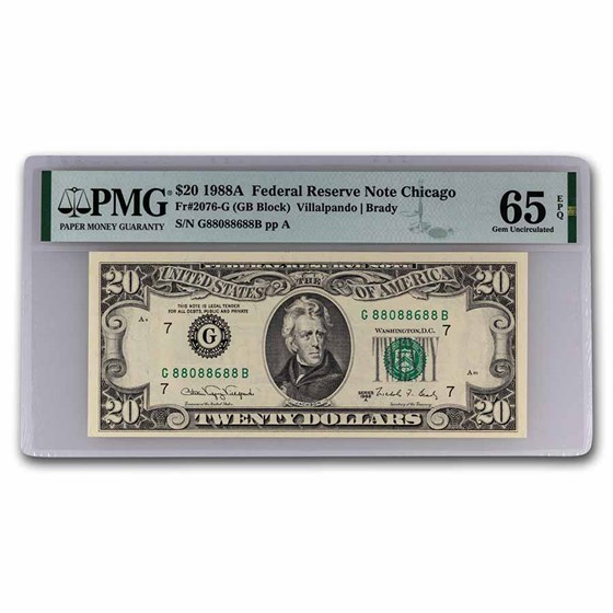 1988-A (G-Chicago) $20 FRN Gem CU-65 EPQ PMG(Fr#2076-B) Fancy # 1988-A (G-Chicago) $20 FRN Gem CU-65 EPQ PMG(Fr#2076-B) Fancy #
