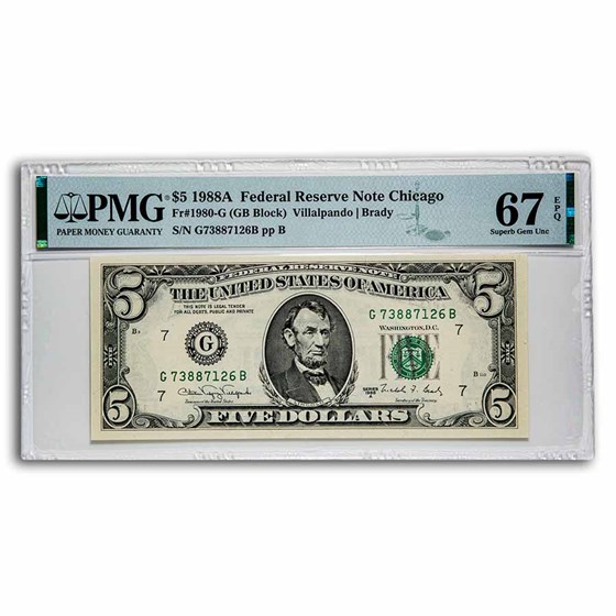 1988-A (G-Chicago) $5.00 FRN Superb Gem CU-67 EPQ PMG (Fr#1980-G) 1988-A (G-Chicago) $5.00 FRN Superb Gem CU-67 EPQ PMG (Fr#1980-G)