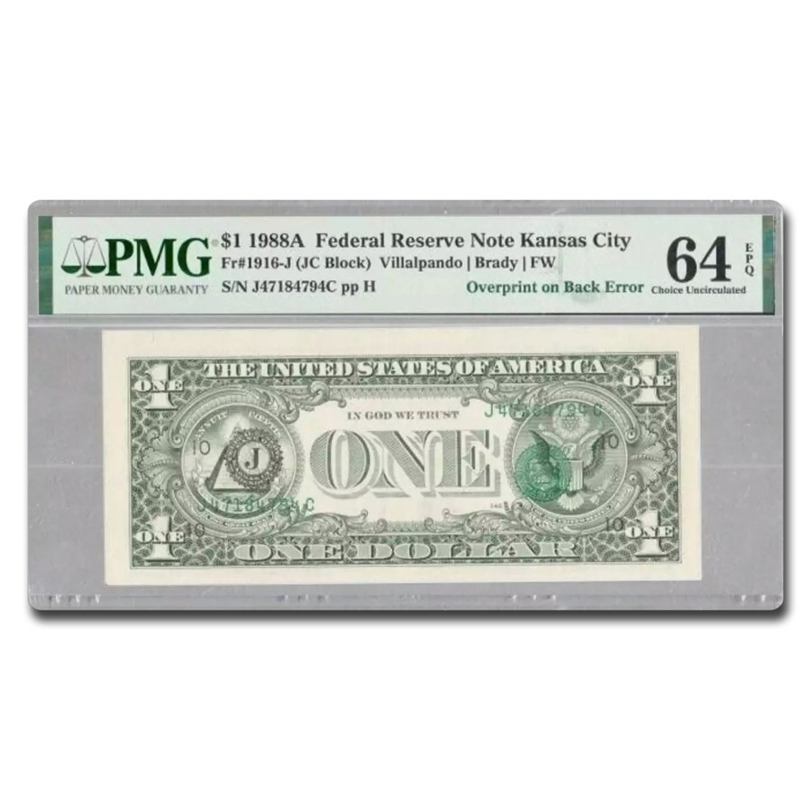 1988-A (J-Kansas City) $1 FRN CU-64 EPQ PMG (Fr#1916-J) Overprint
