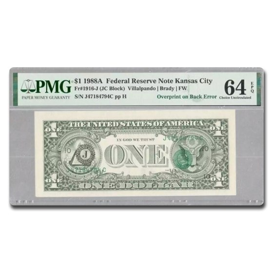 1988-A (J-Kansas City) $1 FRN CU-64 EPQ PMG (Fr#1916-J) Overprint 1988-A (J-Kansas City) $1 FRN CU-64 EPQ PMG (Fr#1916-J) Overprint