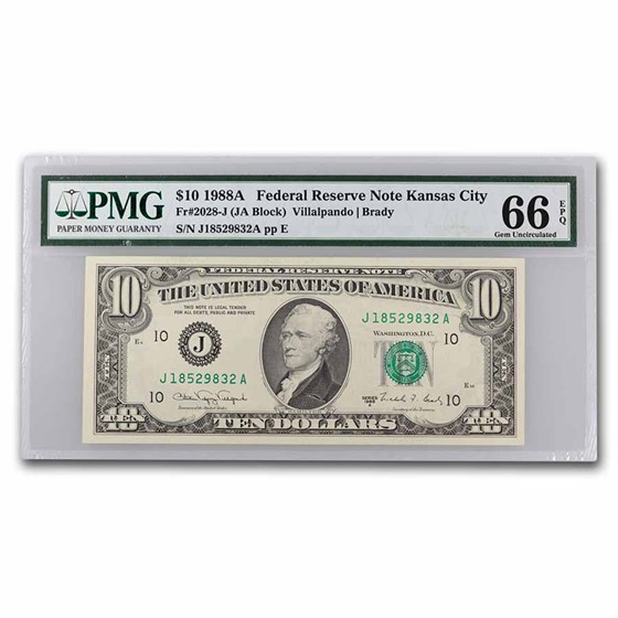 1988-A (J-Kansas City) $10 FRN Gem CU-66 EPQ PMG (Fr#2028-J) 1988-A (J-Kansas City) $10 FRN Gem CU-66 EPQ PMG (Fr#2028-J)