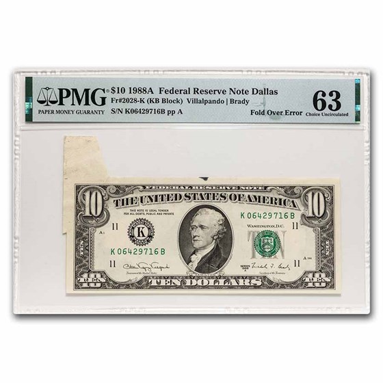1988-A (K-Dallas) $10 FRN CU-63 PMG (Fr#2028-K) Fold Over 1988-A (K-Dallas) $10 FRN CU-63 PMG (Fr#2028-K) Fold Over