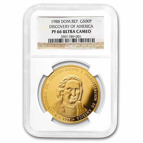 1988 Dominican Rep Gold 500 Pesos 500th Ann Columbus PF-66 NGC