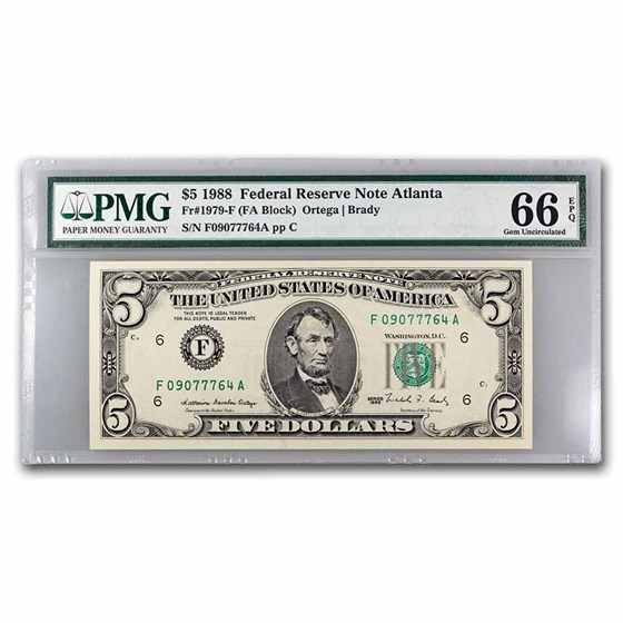 1988 (F-Atlanta) $5.00 FRN Gem CU-66 EPQ PMG (Fr#1979-F)