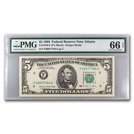 1988 (F-Atlanta) $5.00 FRN Gem CU-66 EPQ PMG (Fr#1979-F) 1988 (F-Atlanta) $5.00 FRN Gem CU-66 EPQ PMG (Fr#1979-F)