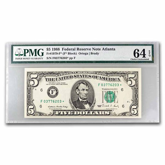 1988* (F-Atlanta) $5 FRN CH CU-64 EPQ PMG (Fr#1979-F*) Star Note 1988* (F-Atlanta) $5 FRN CH CU-64 EPQ PMG (Fr#1979-F*) Star Note