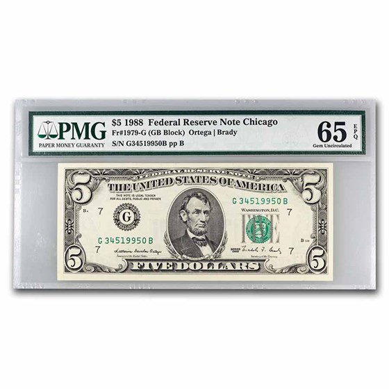 1988 (G-Chicago) $5.00 FRN Gem CU-65 EPQ PMG (Fr#1979-G)