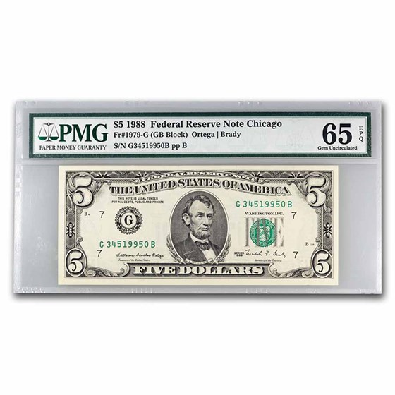 1988 (G-Chicago) $5.00 FRN Gem CU-65 EPQ PMG (Fr#1979-G) 1988 (G-Chicago) $5.00 FRN Gem CU-65 EPQ PMG (Fr#1979-G)