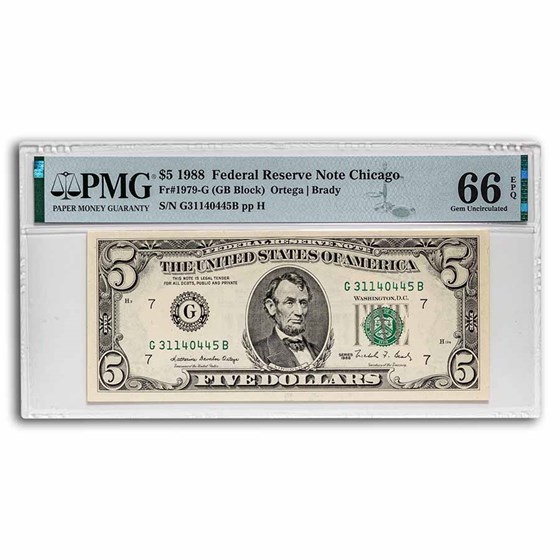 1988 (G-Chicago) $5.00 FRN Gem CU-66 EPQ PMG (Fr#1979-G) 1988 (G-Chicago) $5.00 FRN Gem CU-66 EPQ PMG (Fr#1979-G)
