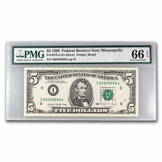 1988 (I-Minneapolis) $5.00 FRN Gem CU-66 EPQ PMG (Fr#1979-I)