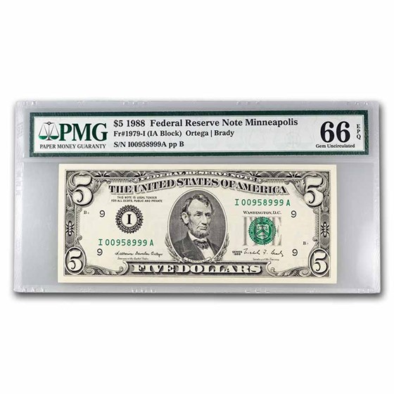 1988 (I-Minneapolis) $5.00 FRN Gem CU-66 EPQ PMG (Fr#1979-I) 1988 (I-Minneapolis) $5.00 FRN Gem CU-66 EPQ PMG (Fr#1979-I)