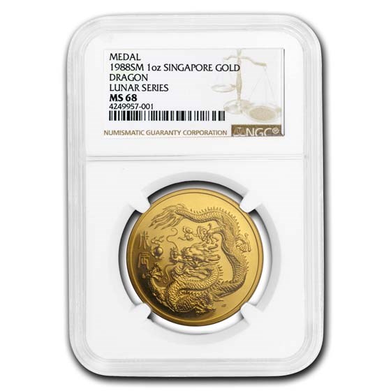 1988 Singapore 1 oz Gold 100 Singold Dragon MS-68 NGC 1988 Singapore 1 oz Gold 100 Singold Dragon MS-68 NGC