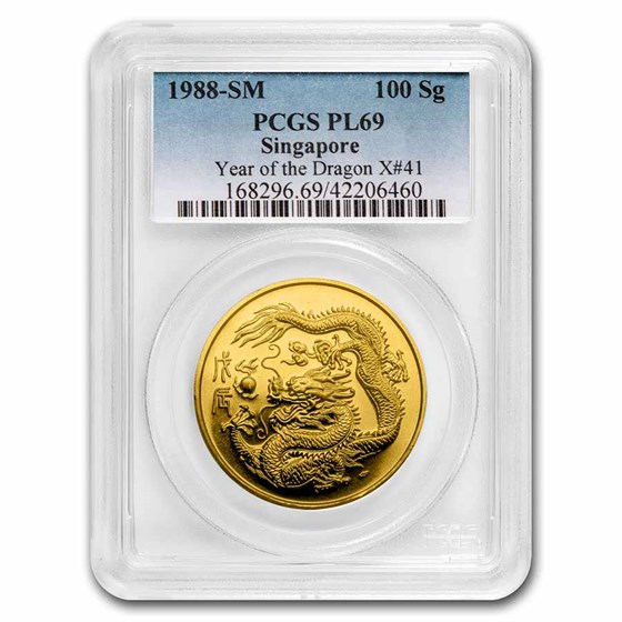 1988 Singapore 1 oz Gold 100 Singold Dragon PL-69 PCGS 1988 Singapore 1 oz Gold 100 Singold Dragon PL-69 PCGS