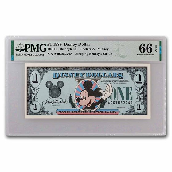 1989 $1.00 (AA) Waving Mickey CU-66 EPQ PMG (DIS#11) 5 Consec.