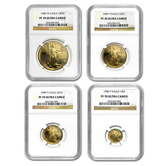 1989 4-Coin Proof Gold American Eagle Set PF-70 NGC 1989 4-Coin Proof Gold American Eagle Set PF-70 NGC