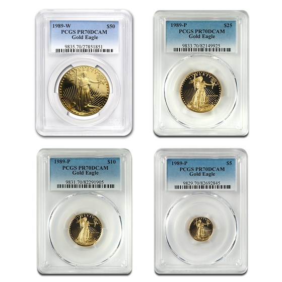 1989 4-Coin Proof Gold American Eagle Set PR-70 PCGS 1989 4-Coin Proof Gold American Eagle Set PR-70 PCGS