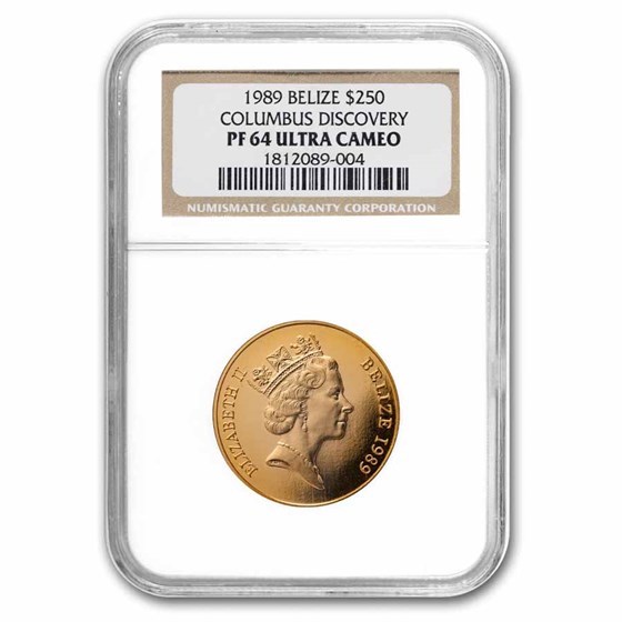 1989 Belize Gold $250 Dollars Columbus PF-64 NGC