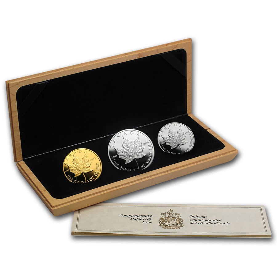 1989 Canada 3-Metals Maple Leaf Set (10th Anniv, w/Box & COA)
