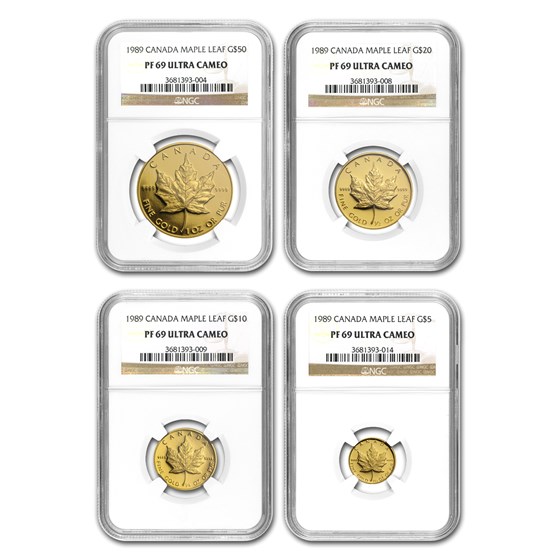 1989 Canada 4-Coin Gold Maple Leaf Commem Proof Set PF-69 NGC 1989 Canada 4-Coin Gold Maple Leaf Commem Proof Set PF-69 NGC