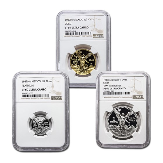 1989 Mexico 3PC Gold,Silver, Platinum Rainbow Proof Set PF-69 NGC 1989 Mexico 3PC Gold,Silver, Platinum Rainbow Proof Set PF-69 NGC
