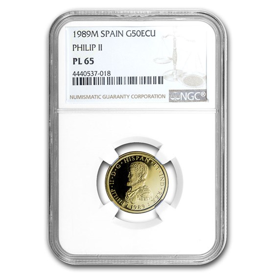 1989 Spain Proof Gold 50 Ecu Philip II PF-65 NGC 1989 Spain Proof Gold 50 Ecu Philip II PF-65 NGC