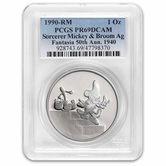 1990 1 oz Silver Disney's Sorcerer Mickey & Broom PR-69 PCGS 1990 1 oz Silver Disney's Sorcerer Mickey & Broom PR-69 PCGS