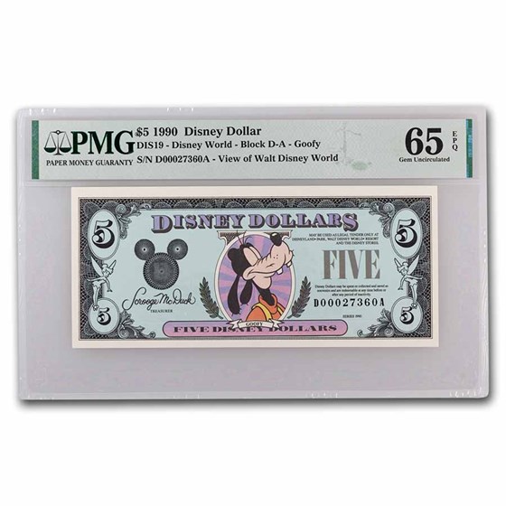 1990 $5.00 (DA) Closed-Eyed Goofy (DIS#19) CU-65 EPQ PMG 1990 $5.00 (DA) Closed-Eyed Goofy (DIS#19) CU-65 EPQ PMG