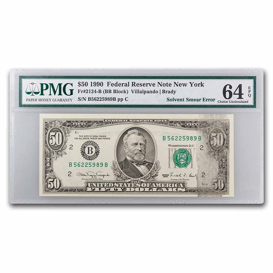 1990 $50 FRN CU-64 EPQ PMG (FR#2124B) - Solvent Smear Error