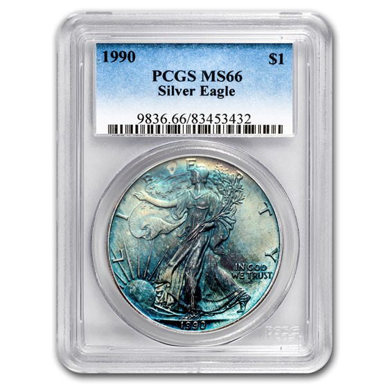 1990 American Silver Eagle MS-66 PCGS (Obv & Rev Toning) 1990 American Silver Eagle MS-66 PCGS (Obv & Rev Toning)