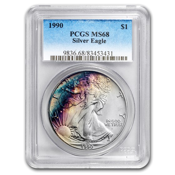 1990 American Silver Eagle MS-68 PCGS (Obv and Rev Toning) 1990 American Silver Eagle MS-68 PCGS (Obv and Rev Toning)