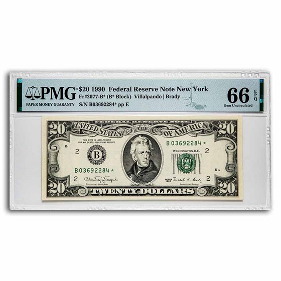1990* (B-NY) $20 FRN Gem CU-66 EPQ PMG(Fr#2077-B*) Star Note 1990* (B-NY) $20 FRN Gem CU-66 EPQ PMG(Fr#2077-B*) Star Note