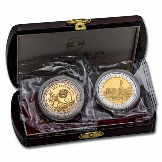 1990 China 2-Coin 1/2 oz Gold & 1/5 oz Ag Bi-Metallic Panda Set 1990 China 2-Coin 1/2 oz Gold & 1/5 oz Ag Bi-Metallic Panda Set