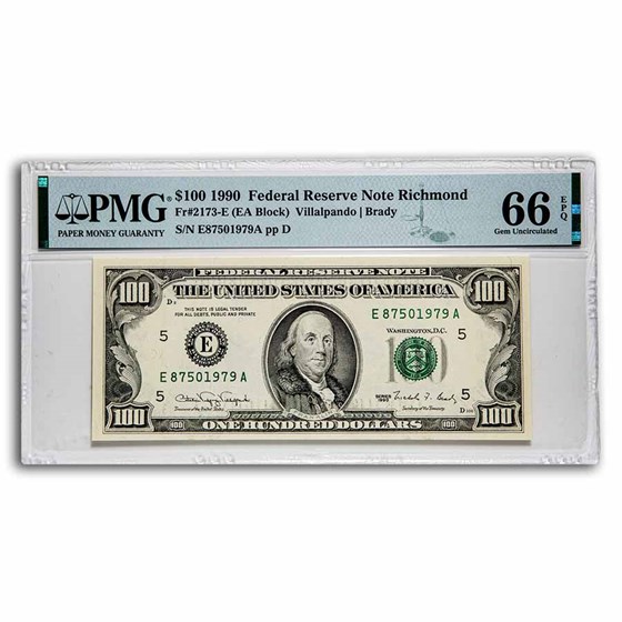 1990 (E-Richmond) $100 FRN Gem CU-66 EPQ PMG (Fr#2173-E) 1990 (E-Richmond) $100 FRN Gem CU-66 EPQ PMG (Fr#2173-E)