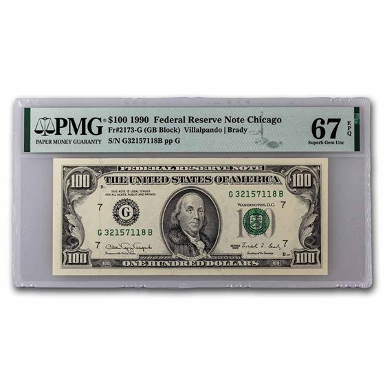 1990 (G-Chicago) $100 FRN Superb CU-67 EPQ PMG (Fr#2173-G) 1990 (G-Chicago) $100 FRN Superb CU-67 EPQ PMG (Fr#2173-G)